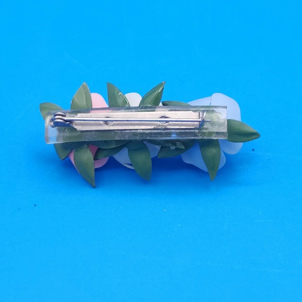 Vintage Celluloid Pastel Rose Brooch Pink Blue White Floral Pin Acrylic Base